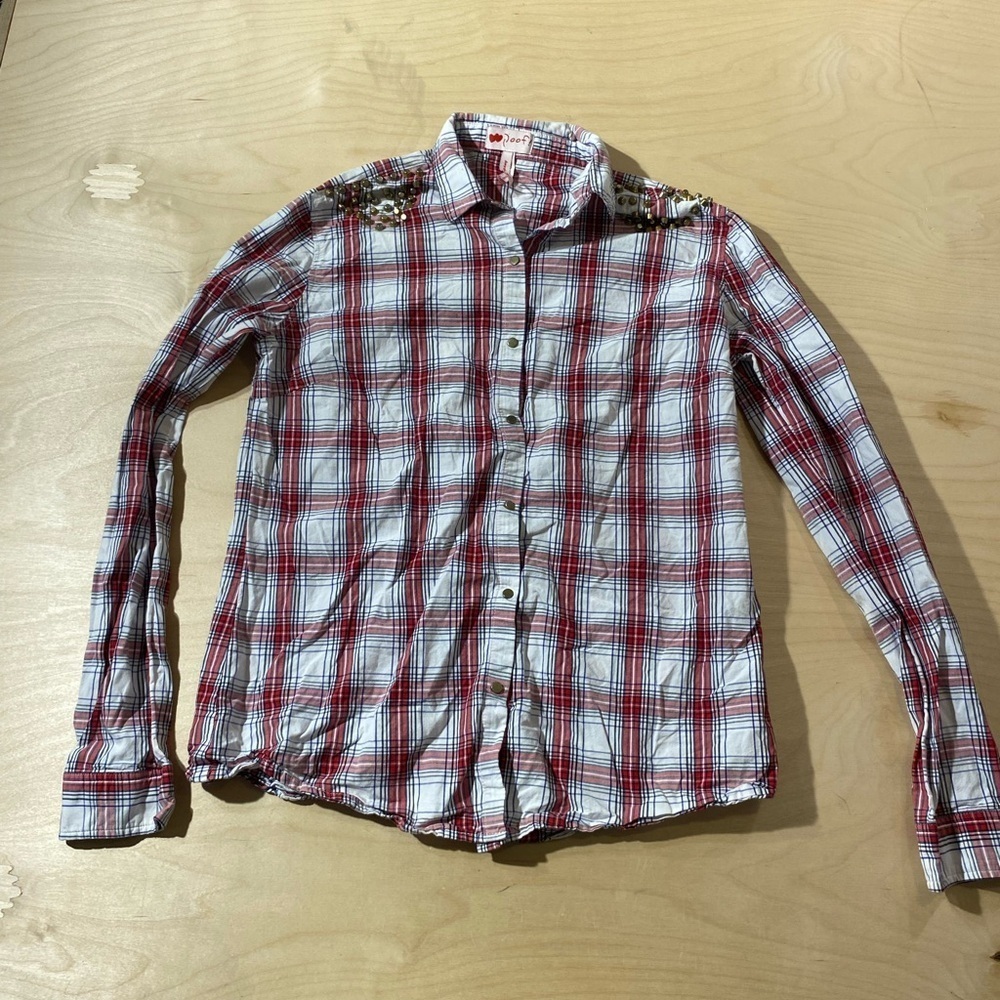 POOF! Red Plaid Shirt Snap Front Size Large (LP)